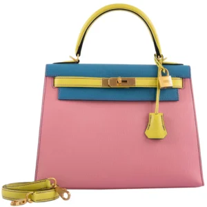 Hermes-HSS-Kelly-28-Sellier-Tri-Color-Rose-Confetti-Lime-Blue-Aztec-Chevre-with-Brushed-Gold-Hardware-2019-D