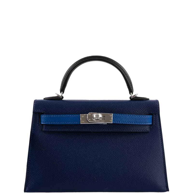 Hermès Mini Kelly Tricolor Bleu Saphir Epsom Bag - France Crafted 1 Hermes-Mini-Kelly-20-Tricolor-Bleu-Saphir-France-and-Black-Epsom-Palladium-Hardware