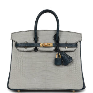 Hermès Special Order (HSS) Birkin 25 Gris Perle and Vert Rousseau Matte Alligator Brushed Gold Hardware