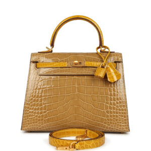 Hermès Special Order (HSS) Kelly Sellier 25 Beige Sable and Jaune Ambre Shiny Alligator Mississpiensis Brushed Gold Hardware