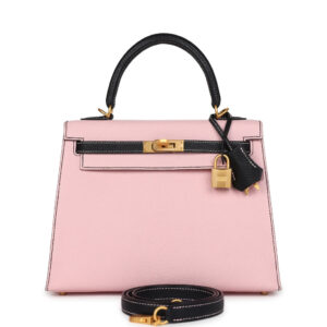 Hermès Special Order (HSS) Kelly Sellier 25 Rose Sakura and Black Chevre Mysore Brushed Gold Hardware