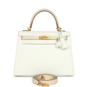 Hermès Special Order (HSS) Kelly Sellier 25 White and Trench Epsom Brushed Gold Hardware