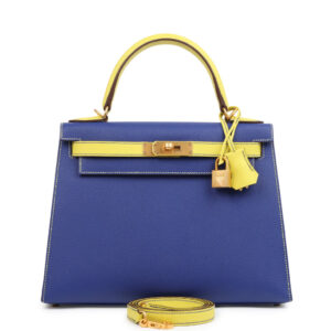 Hermès Special Order (HSS) Kelly Sellier 28 Bleu Electric and Lime Epsom Brushed Gold Hardware