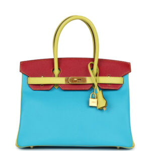 Hermès Special Order (HSS) Tri-color Birkin 30 Bleu Aztec, Soufre and Rouge Vif Chevre Brushed Gold Hardware