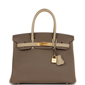 Pre-owned Hermès Special Order (HSS) Birkin 30 Bi-Color Gris Tourterelle and Etoupe Clemence Brushed Gold Hardware
