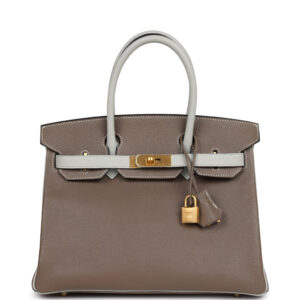 Pre-owned Hermès Special Order (HSS) Birkin 30 Etoupe and Gris Perle Chevre Brushed Gold Hardware