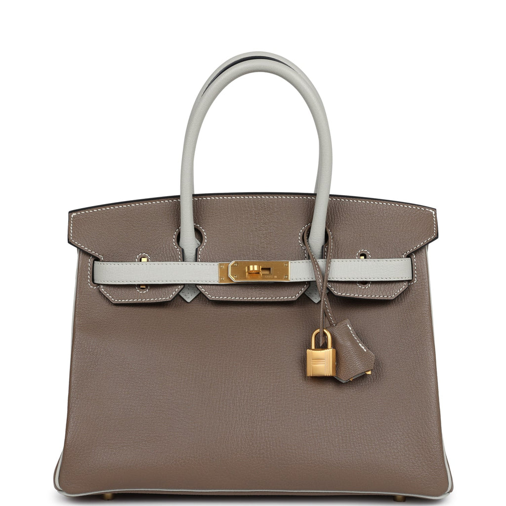 Hermès Special Order Birkin 30 Etoupe/Gris Perle - Brushed Gold Hardware 1 Pre-owned Hermès Special Order (HSS) Birkin 30 Etoupe and Gris Perle Chevre Brushed Gold Hardware