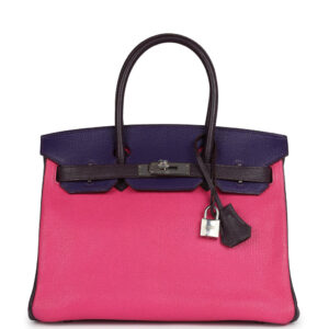 Pre-owned Hermès Special Order (HSS) Birkin 30 Tri-color Raisin, Ultraviolet and Rose Shocking Chevre Palladium Hardware