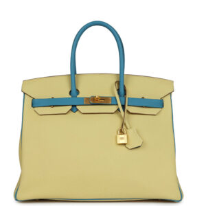 Pre-owned Hermès Special Order (HSS) Birkin 35 Jaune Poussin and Bleu Paradise Togo Brushed Gold Hardware