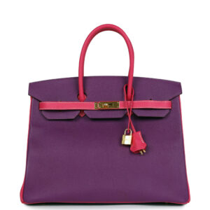 Pre-owned Hermès Special Order (HSS) Birkin 35 Rose Tyrien and Violet Epsom Gold Hardware
