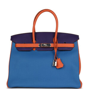 Pre-owned Hermès Special Order (HSS) Birkin 35 Tricolor Bleu Hydra, Ultraviolet and Orange Togo Palladium Hardware