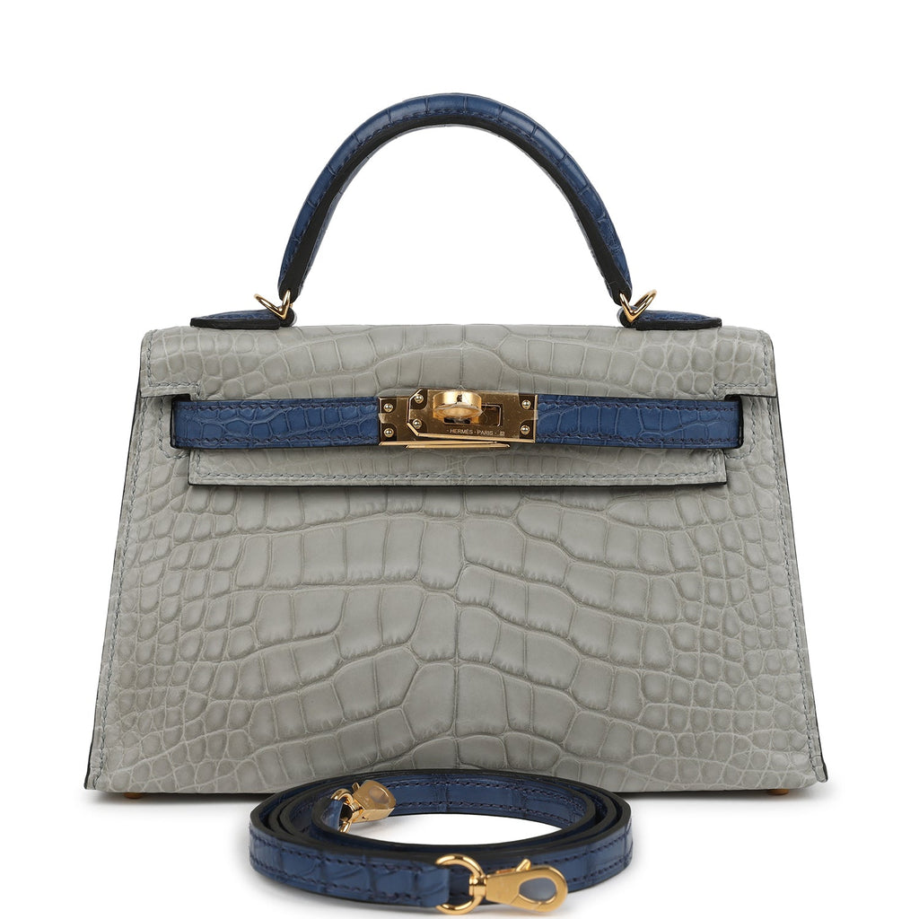 Rare Hermès HSS Kelly Sellier 20 Alligator Bag - Gris Perle & Bleu de Malte 1 Pre-owned Hermès Special Order (HSS) Kelly Sellier 20 Gris Perle and Bleu de Malte Matte Alligator Gold Hardware